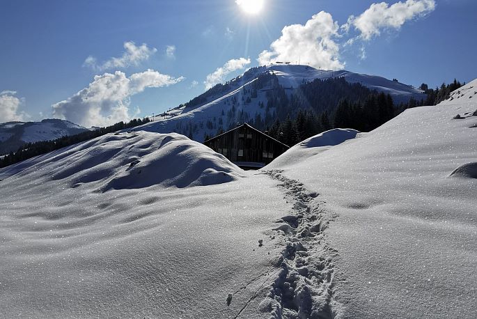 Spuren im Tiefschnee zur Alm vor der Hohen Salve